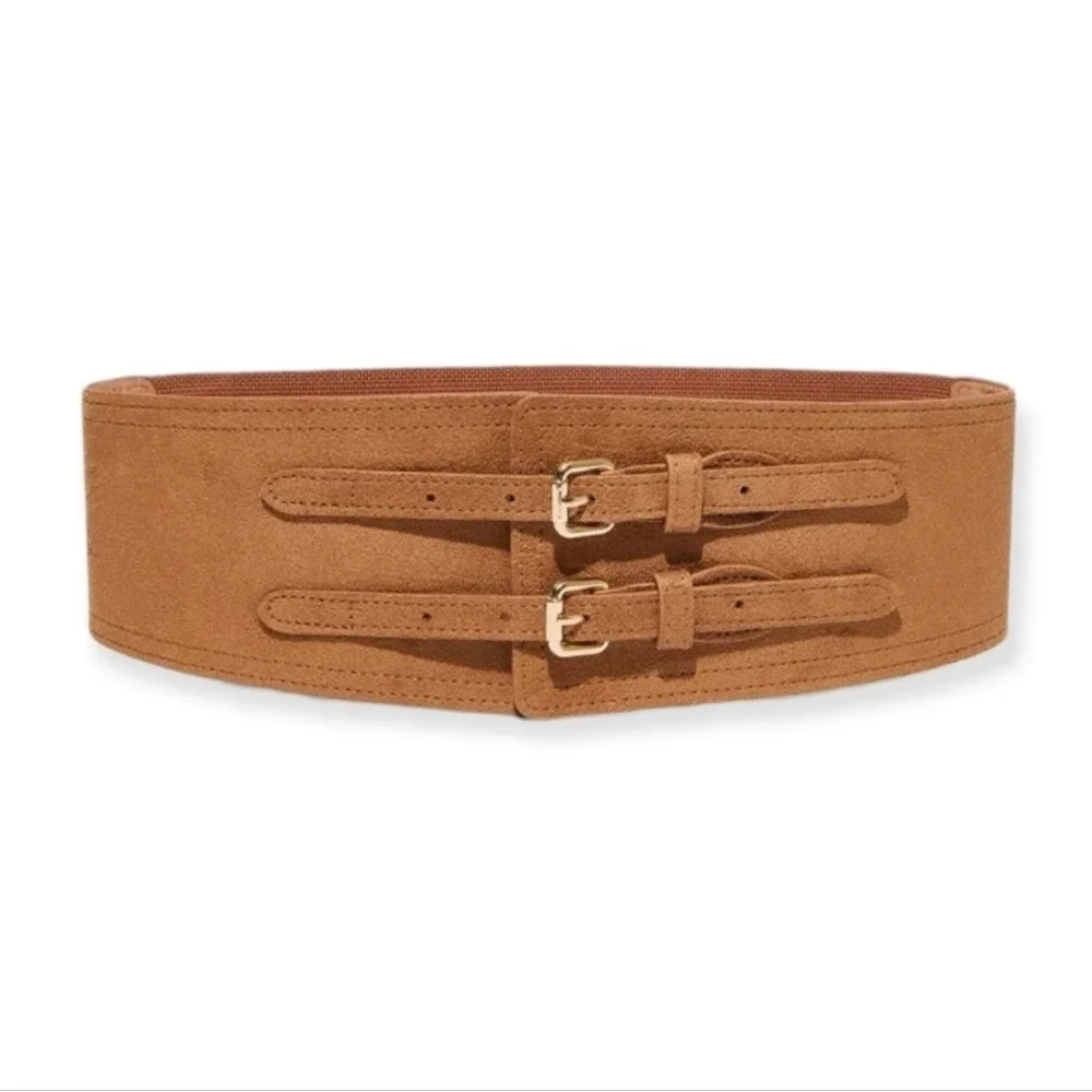 Western Wide faux suede leather waist belt double buckle Boho Brown corset - Picture 5 of 11